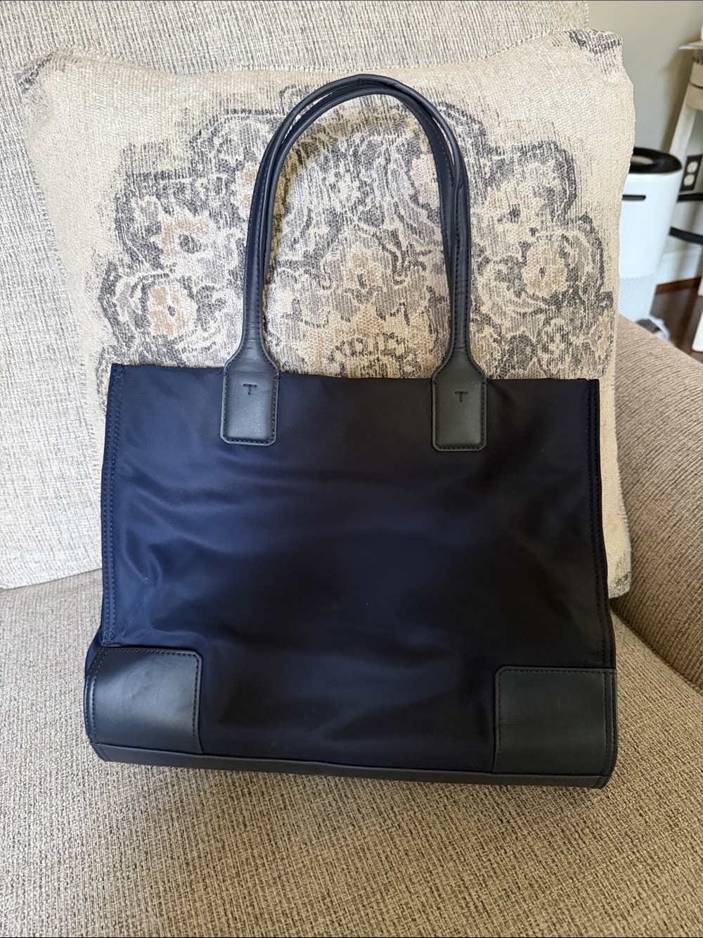 Tory Burch Navy Nylon Logo Tote with Leather Trim - Picture 2 of 7